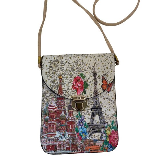 Paris & Moscow Map Print Crossbody Bag With Eiffel Tower & St. Basil's Cathedral - Picture 1 of 11